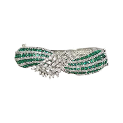 Emerald Green Crystal Bow-Knot Bangle Bracelet with Floral Accent Silver-Plated Statement Cuff
