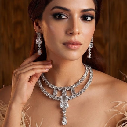 American Diamond Studded Silver Double-Layer Necklace Set with Pear Drop Pendant