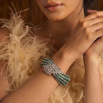 Emerald Green Crystal Bow-Knot Bangle Bracelet with Floral Accent Silver-Plated Statement Cuff