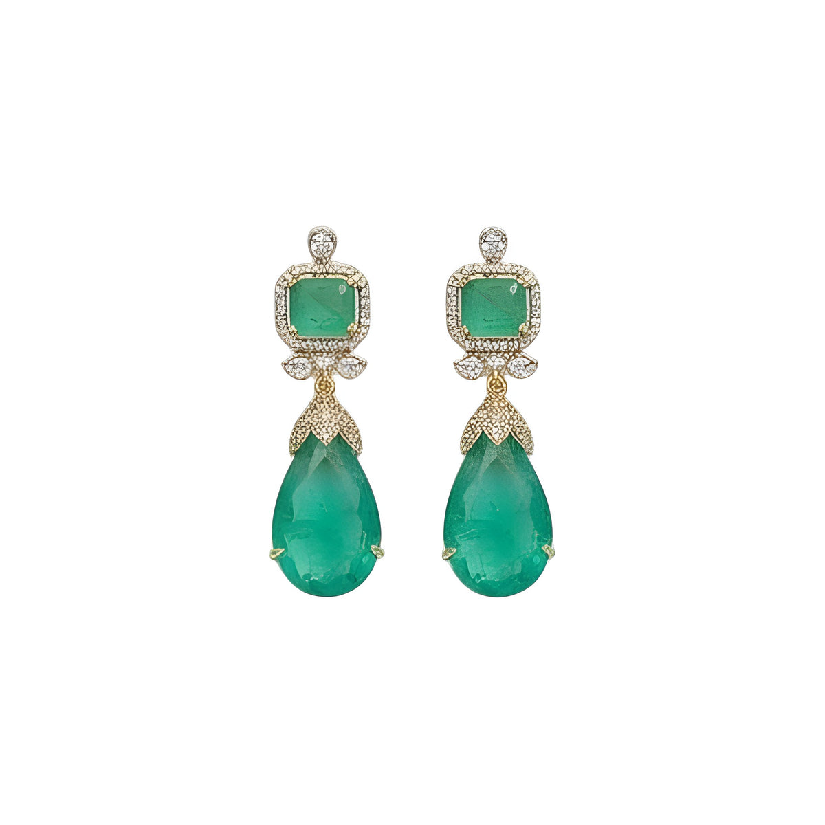 Gold plated emerald green American diamond necklace set with pear-shaped drops and matching drop earrings on
