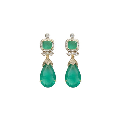 Gold plated emerald green American diamond necklace set with pear-shaped drops and matching drop earrings on