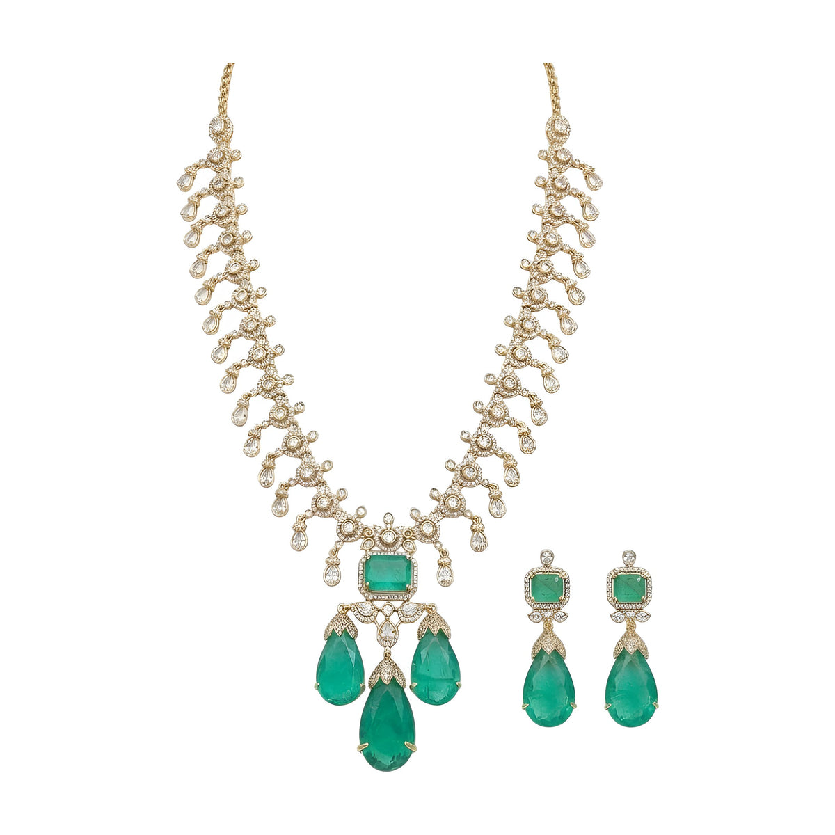 Gold plated emerald green American diamond necklace set with pear-shaped drops and matching drop earrings on