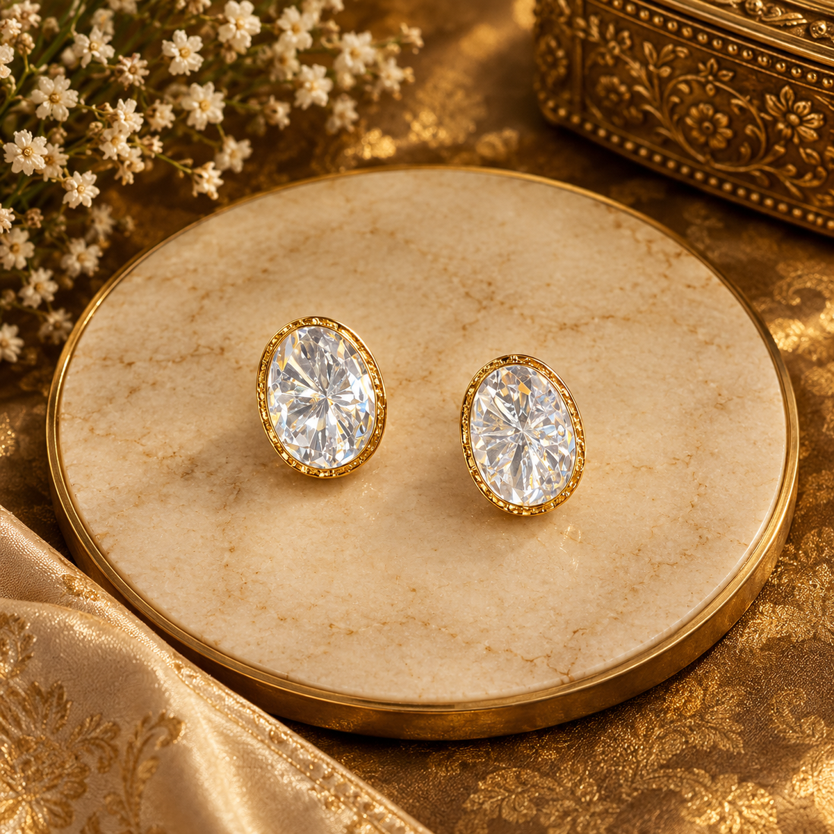 Gold-finish oval kundan polki stud earrings with a clear starburst cut stone in a gold bezel