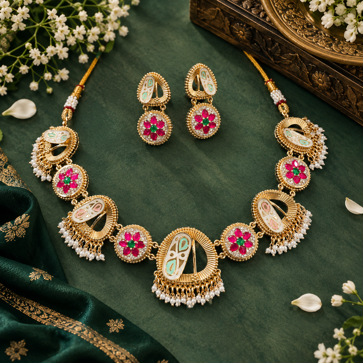 Antique gold heritage meenakari necklace set with mint green and peach enamel crescents, ruby-pink and emerald-green floral stone medallions, pearl fringe drops and matching earrings