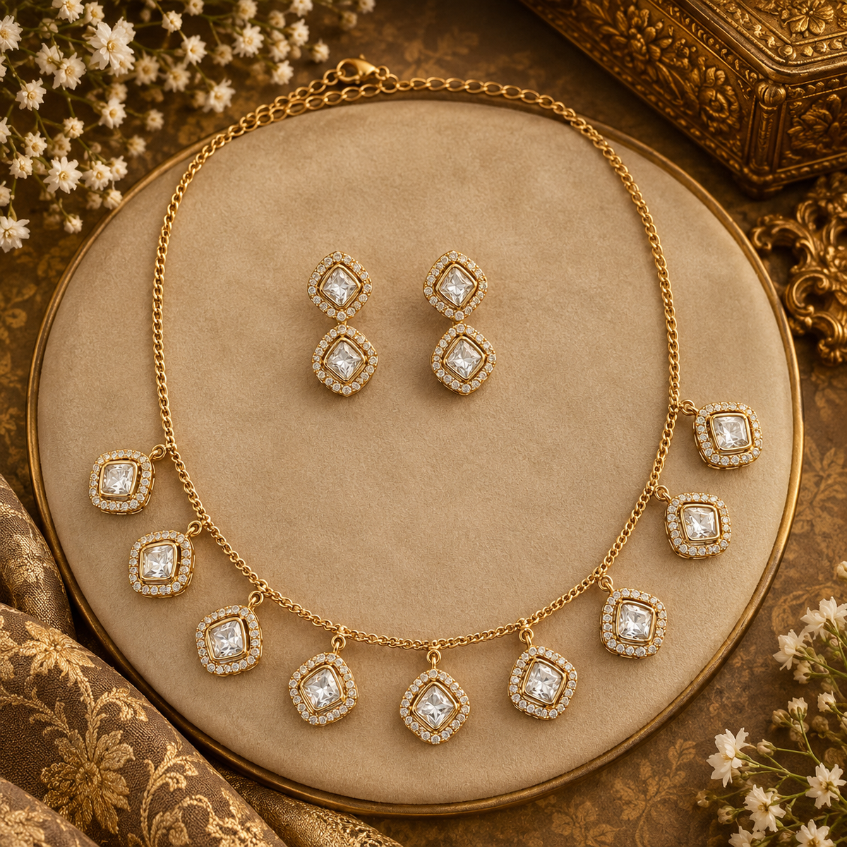 Rose Gold Moissanite Station Necklace with Stud Earrings