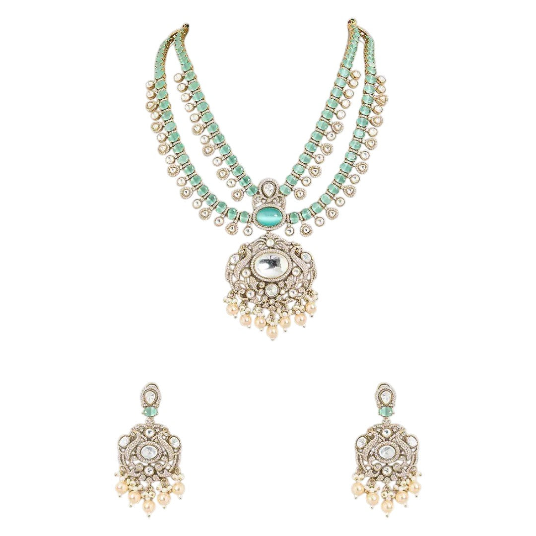"Antique gold triple-strand turquoise necklace with pearl fringe pendant, matching drop earrings"