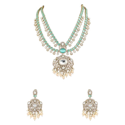 "Antique gold triple-strand turquoise necklace with pearl fringe pendant, matching drop earrings"