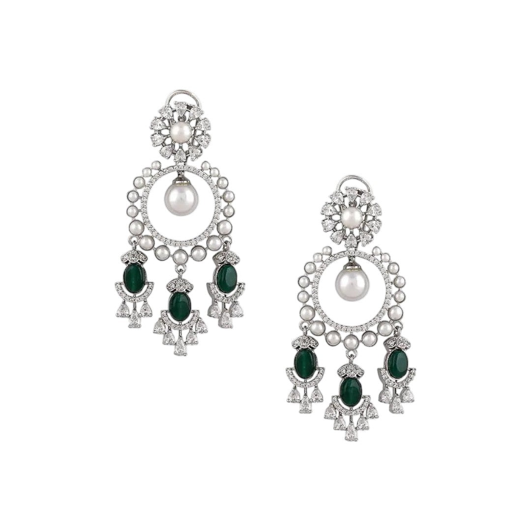 Silver Zircon Pearl Chandelier Earrings