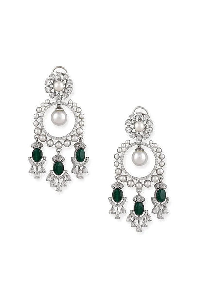 Silver Zircon Pearl Chandelier Earrings
