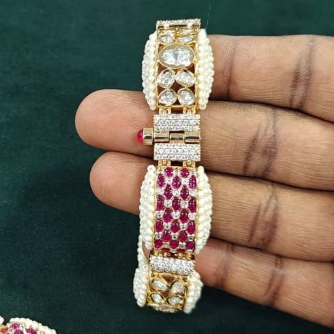 Kundan Pearl & Ruby Studded Gold-Plated Bracelet | Handcrafted Indian Bridal Jewelry