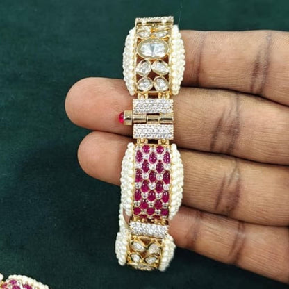Kundan Pearl & Ruby Studded Gold-Plated Bracelet | Handcrafted Indian Bridal Jewelry