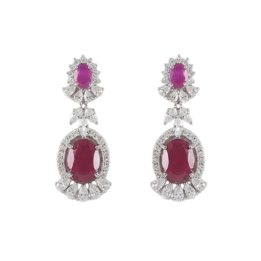 "Ruby red statement necklace and earrings set with white American diamond stones, silver-toned bridal jewelry set"