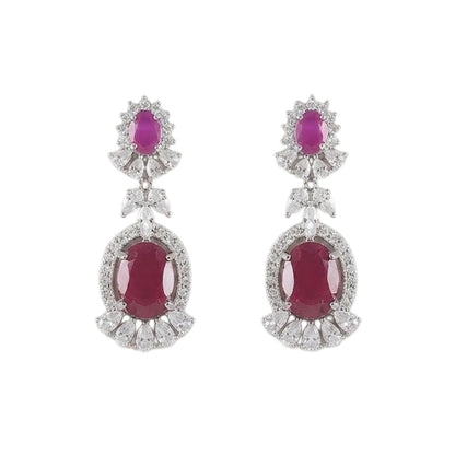 "Ruby red statement necklace and earrings set with white American diamond stones, silver-toned bridal jewelry set"