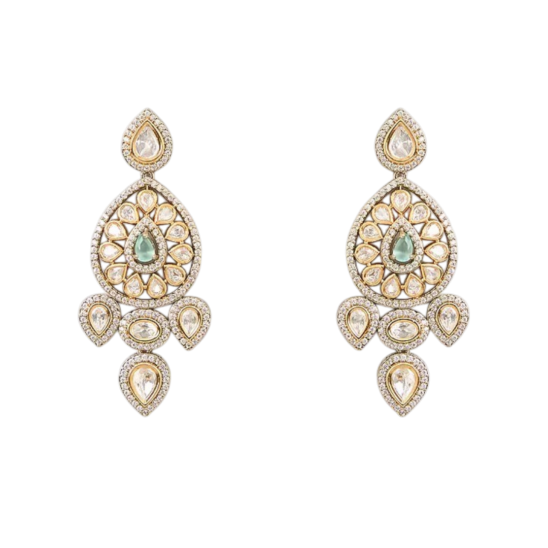 "Antique gold double-strand Kundan necklace with teardrop emerald pendant, matching drop earrings"
