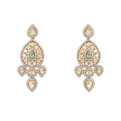 "Antique gold double-strand Kundan necklace with teardrop emerald pendant, matching drop earrings"