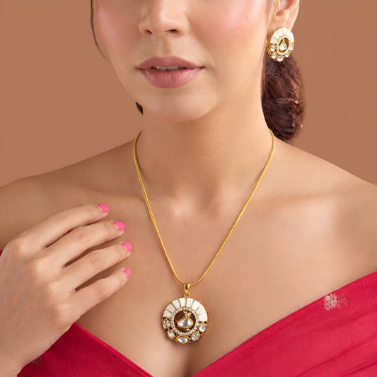 Gold plated round white enamel kundan pendant necklace on a snake chain