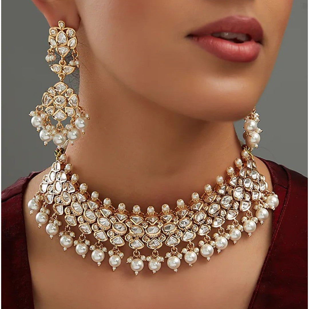 Rose gold polki kundan choker necklace with pearl drops and matching chandelier earrings