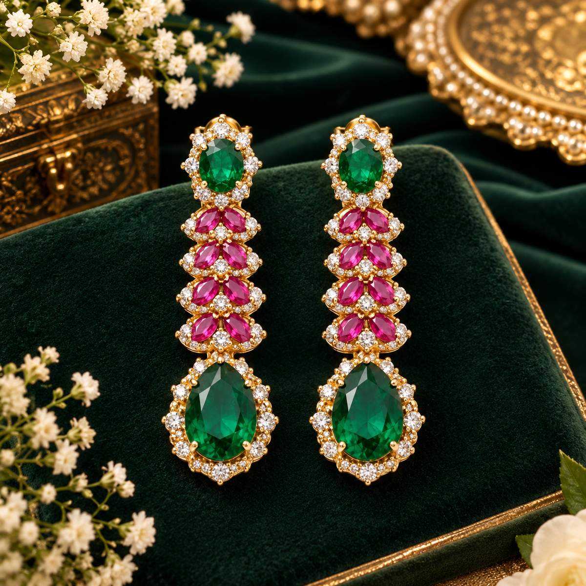 Gold-tone American diamond long drop earrings with emerald-green oval tops, ruby-pink marquise leaf rows and large emerald-green pear drops on dark green velvet
