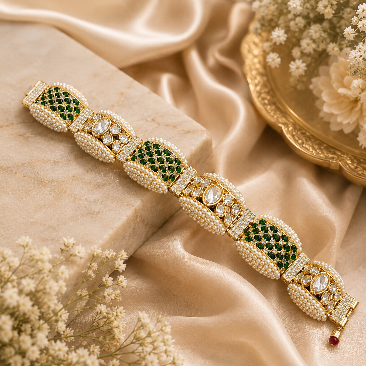"Gold-tone bridal bracelet with pearl, emerald green, and white kundan stone panels and ruby drop clasp"