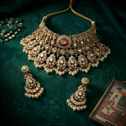 "Antique gold kundan polki bridal choker necklace set with ruby, emerald and pearl drops, paired with matching chandbali earrings"