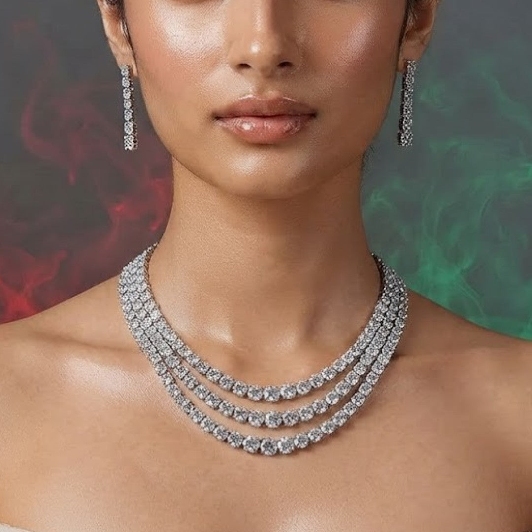 Rhodium-Plated Three-Layer Moissanite Necklace Set