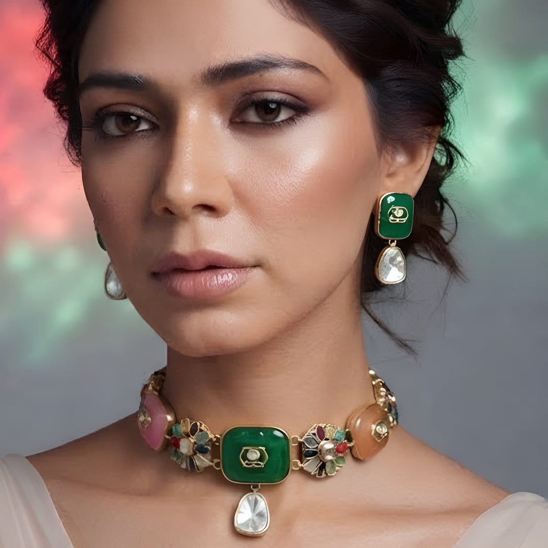 Gold-Plated Kundan Navratna Choker Set with Earrings