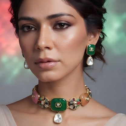 Gold-Plated Kundan Navratna Choker Set with Earrings