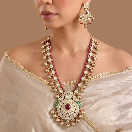 Ruby Pink Bead Polki Necklace with Chandbali Earrings