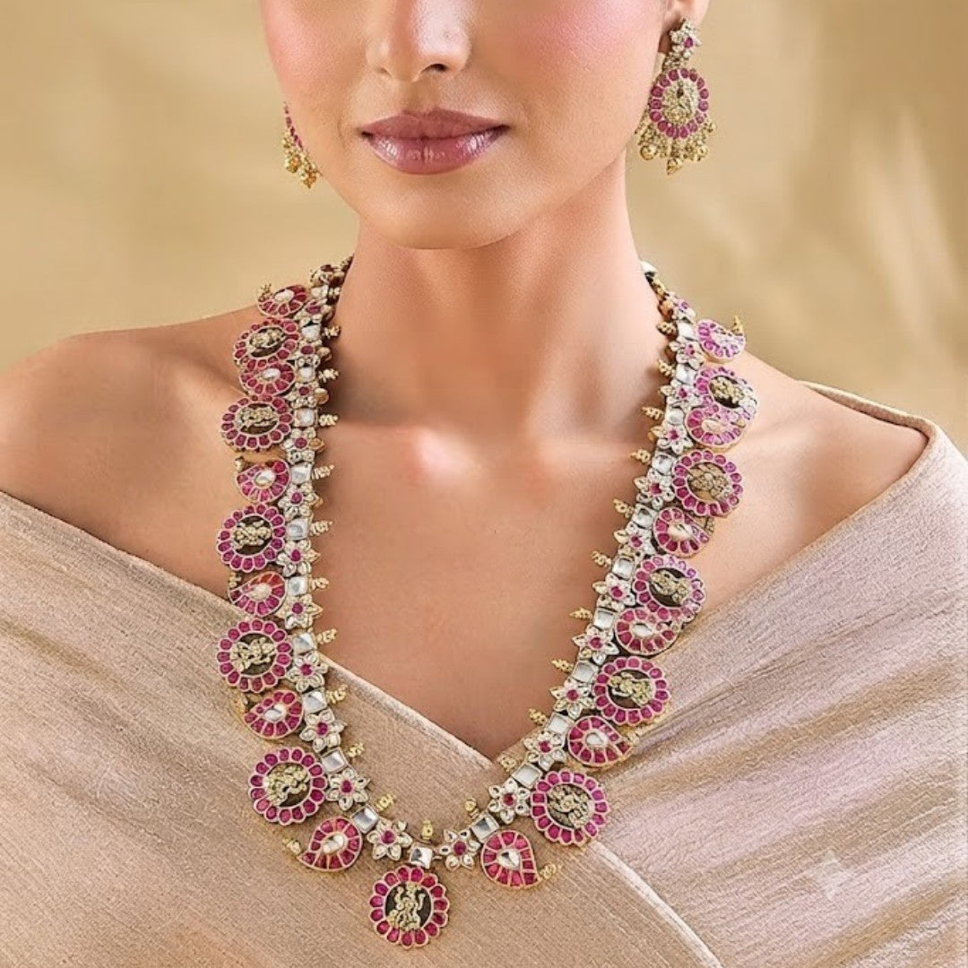 Gold-plated Kundan necklace set with pink ruby-look stones and matching statement earrings for bridal, wedding, festive, and traditional wear.