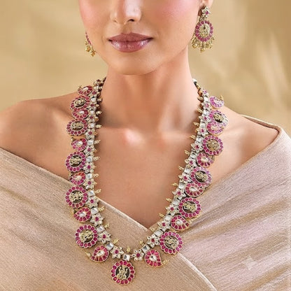 Gold-plated Kundan necklace set with pink ruby-look stones and matching statement earrings for bridal, wedding, festive, and traditional wear.