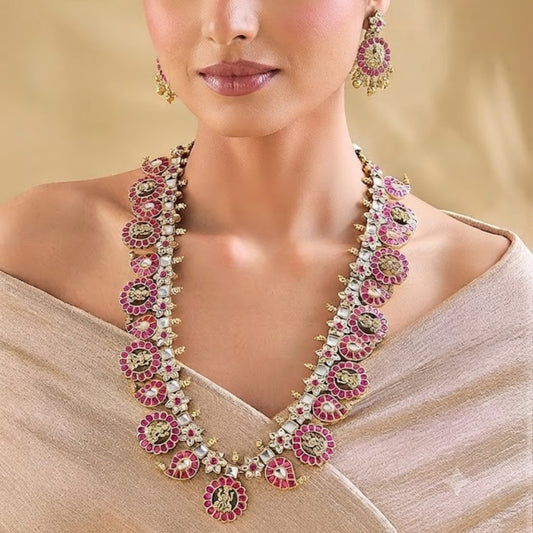 Gold-plated Kundan necklace set with pink ruby-look stones and matching statement earrings for bridal, wedding, festive, and traditional wear.