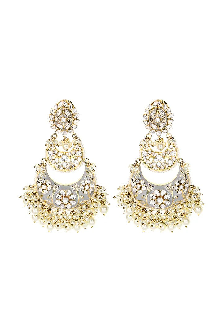 Grey Meenakari Kundan Chandbali Earrings