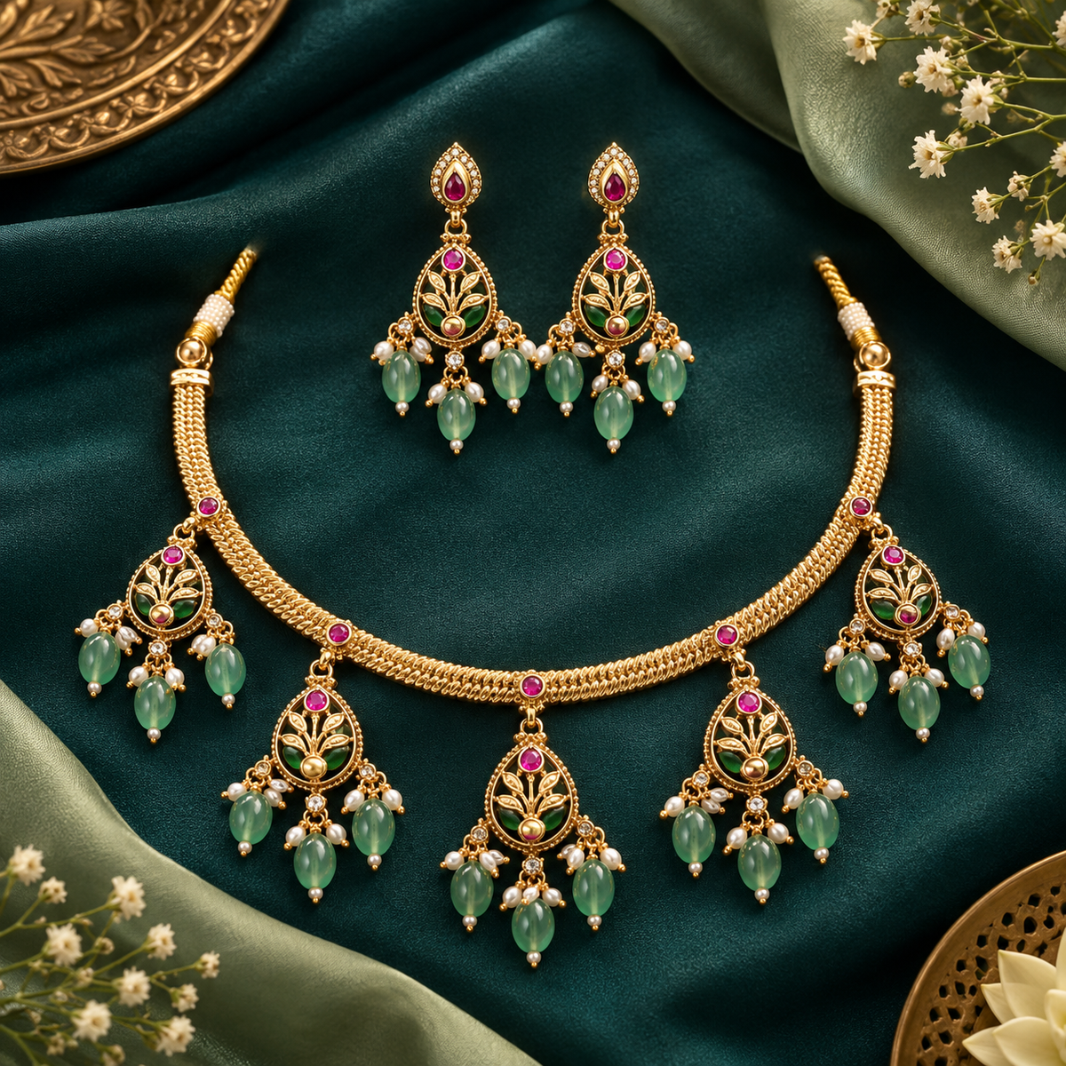 Antique gold plated necklace set with dark green pear medallions, pink stones, mint green bead and pearl drops and matching earrings on a blue bust