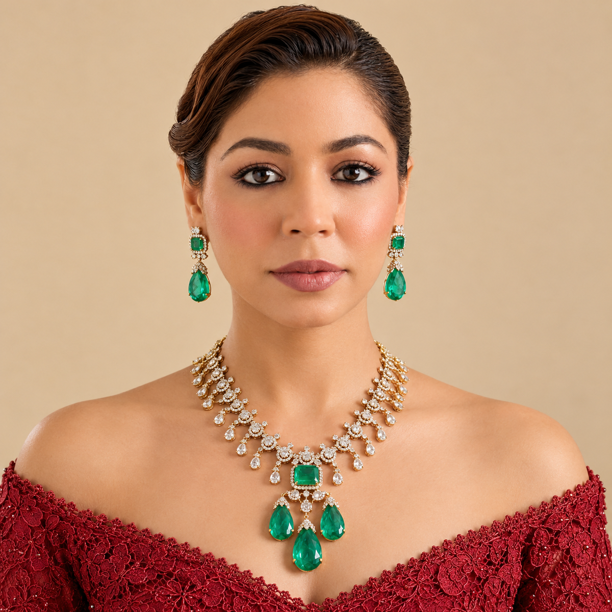 Gold plated emerald green American diamond necklace set with pear-shaped drops and matching drop earrings on