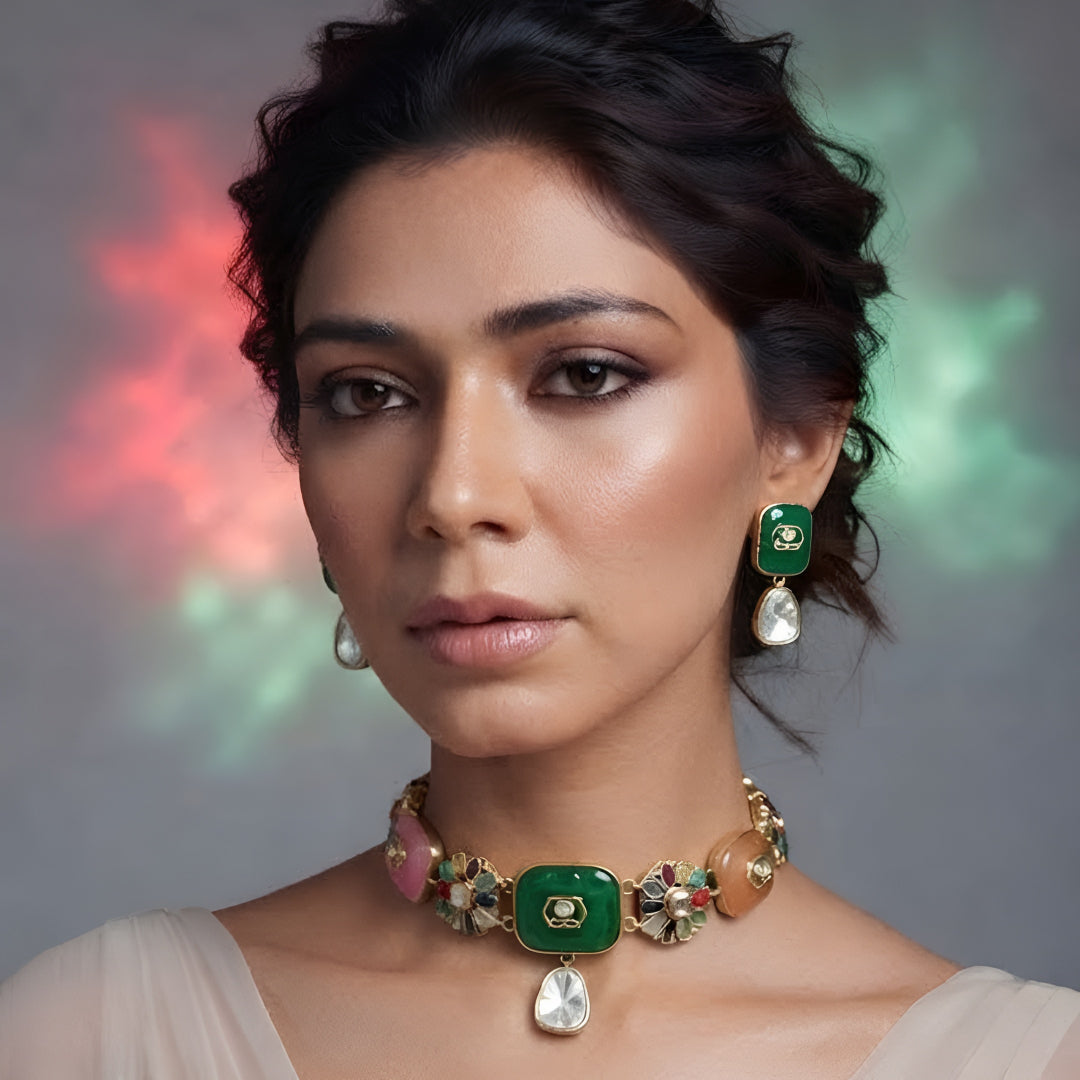 Gold-Plated Kundan Navratna Choker Set with Earrings
