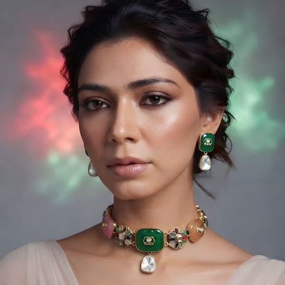 Gold-Plated Kundan Navratna Choker Set with Earrings