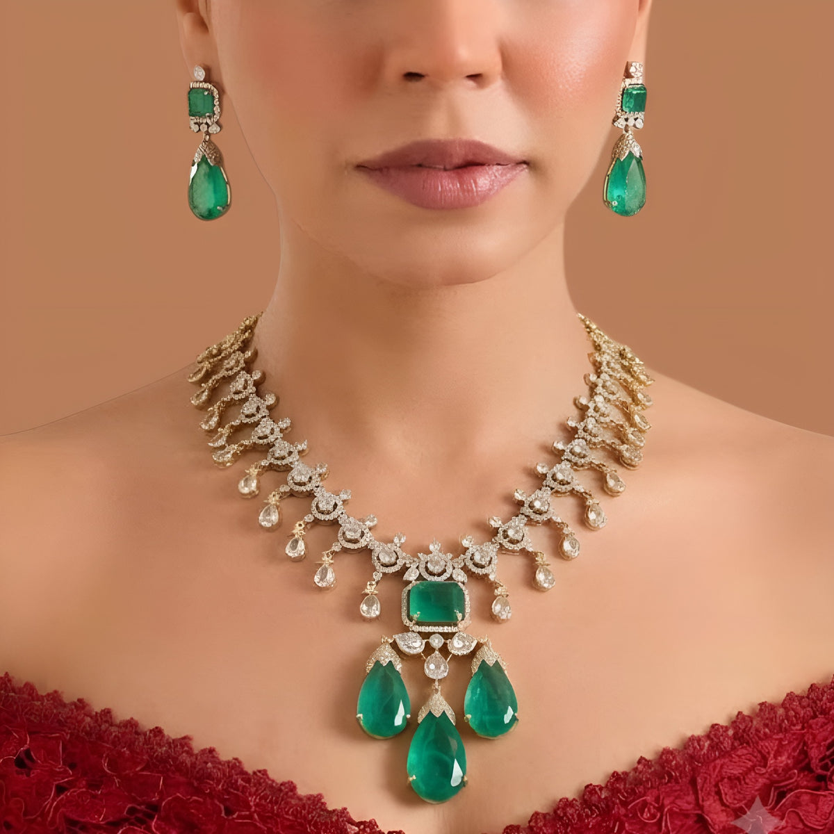 Gold plated emerald green American diamond necklace set with pear-shaped drops and matching drop earrings on