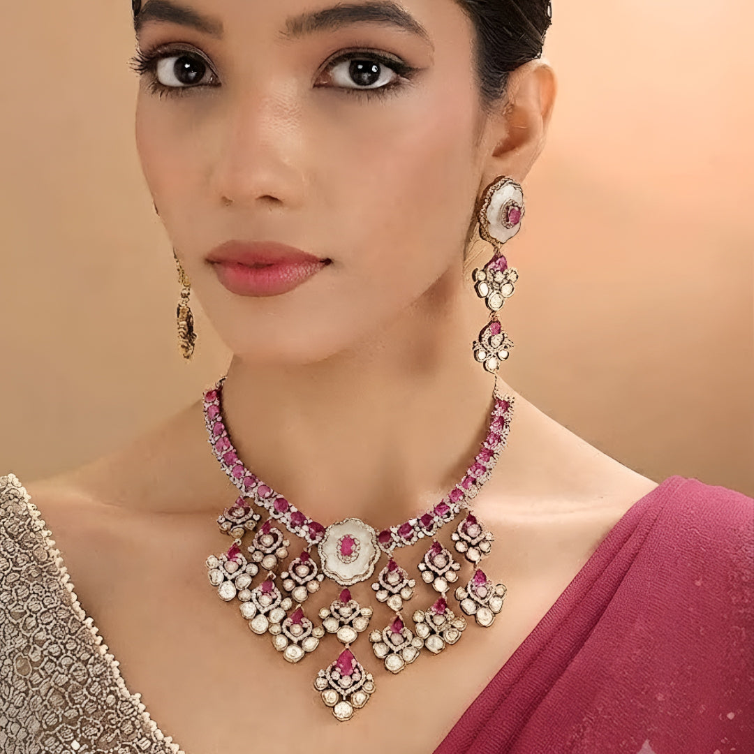Kundan Bridal Bib Necklace Set with Ruby Stones