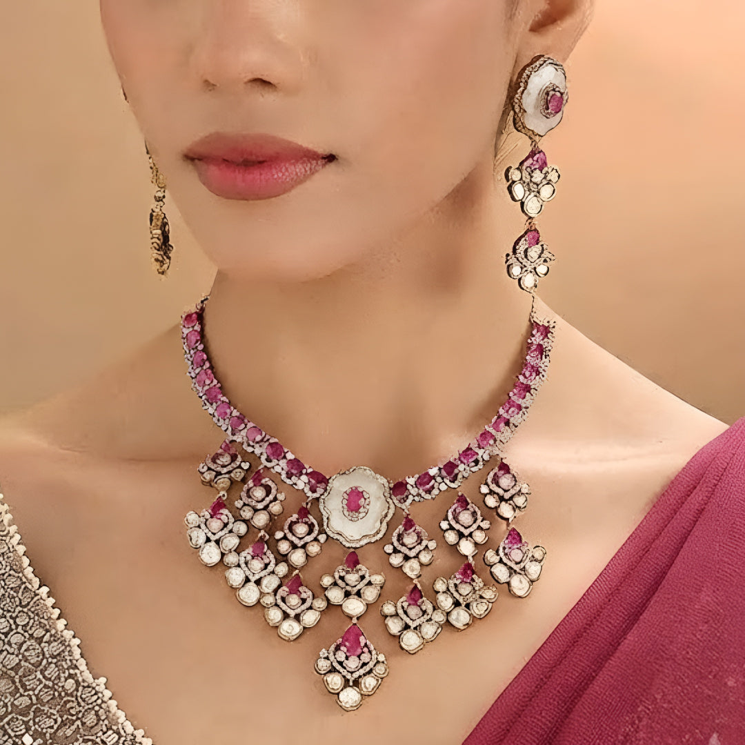 Kundan Bridal Bib Necklace Set with Ruby Stones