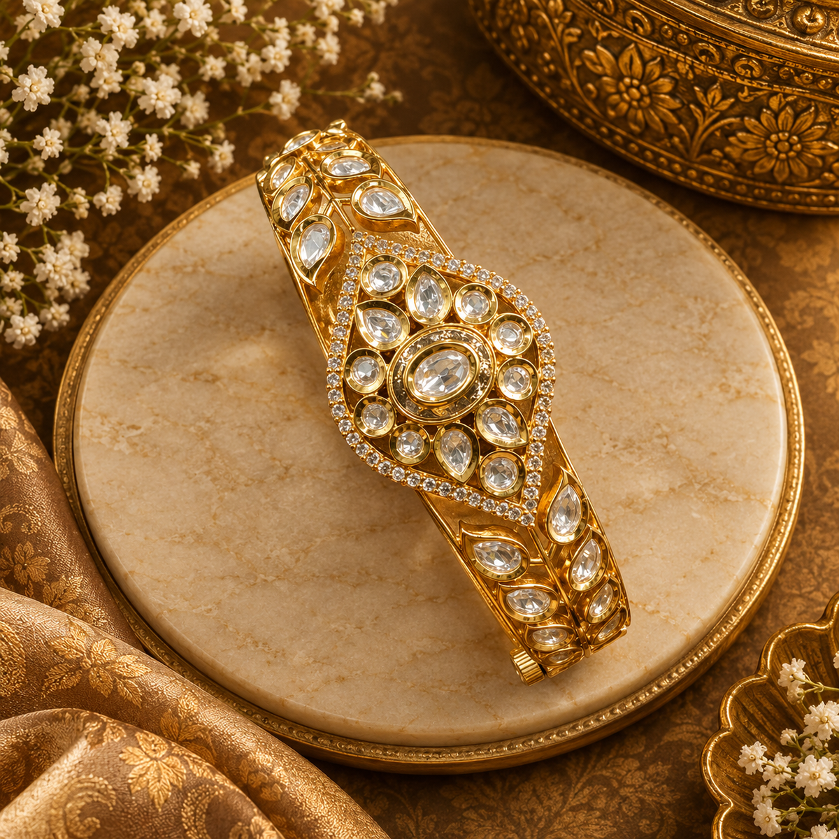 Gold finish kundan polki kada bangle with floral teardrop medallion and zircon border
