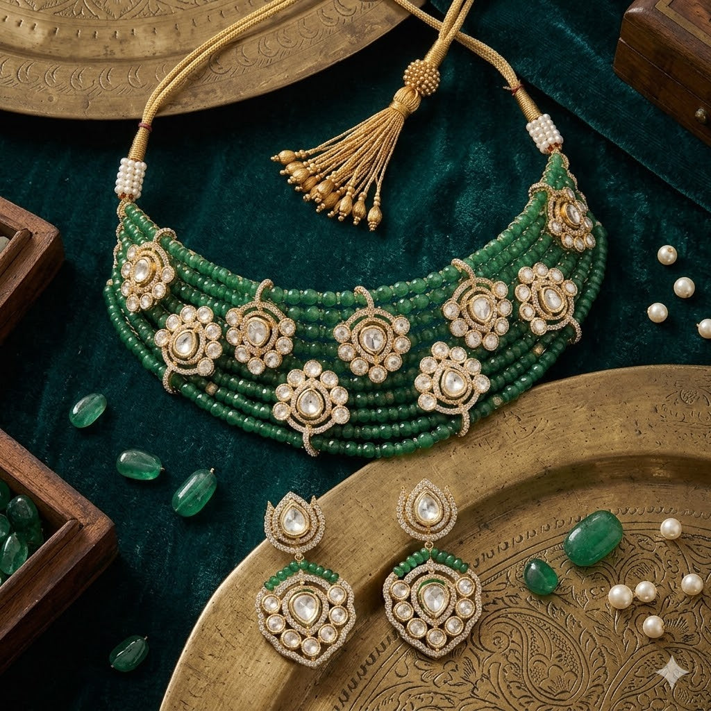Emerald Green Kundan Choker Necklace Set