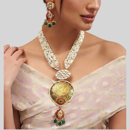 Meenakari Coin Pendant Pearl Necklace Set with Green Drops