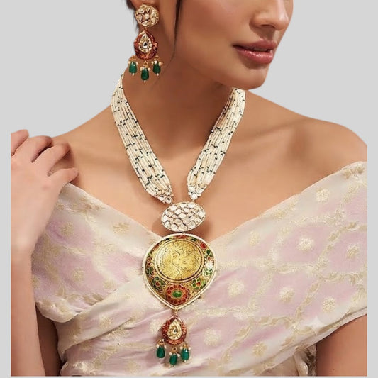 Meenakari Coin Pendant Pearl Necklace Set with Green Drops