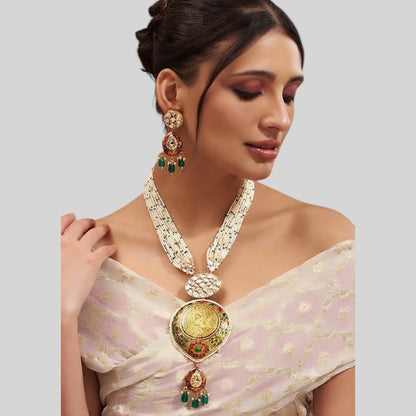 Meenakari Coin Pendant Pearl Necklace Set with Green Drops