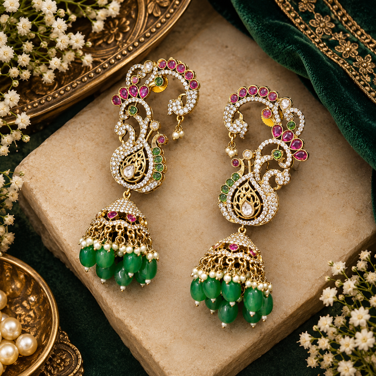 Gold plated peacock design jhumka earrings with American diamond stones, ruby pink accents and green bead and pearl hangings on a white background