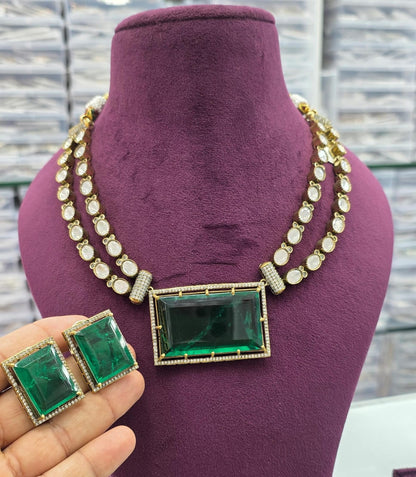 Green Crystal Pendant Necklace Set with Earrings Gold Plated Statement