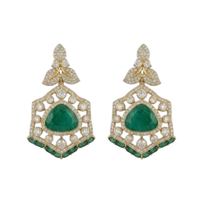 Luxury emerald green bridal choker necklace set with American diamonds and matching earrings on golden textured background.
