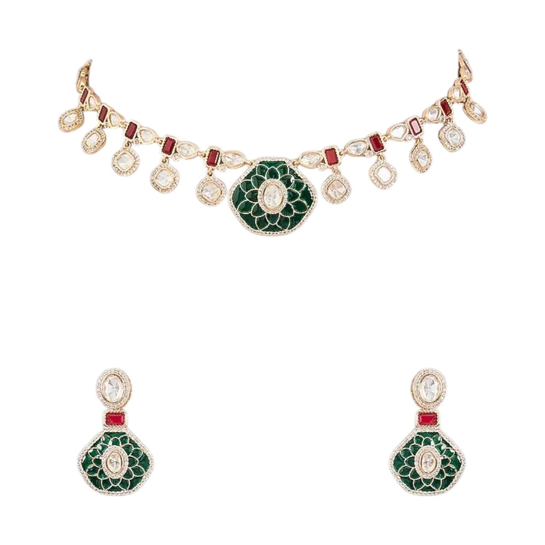 Gold finish kundan choker necklace set with green enamel lotus medallion, ruby red stones, polki-style drops and matching drop earrings – Auraa Trends