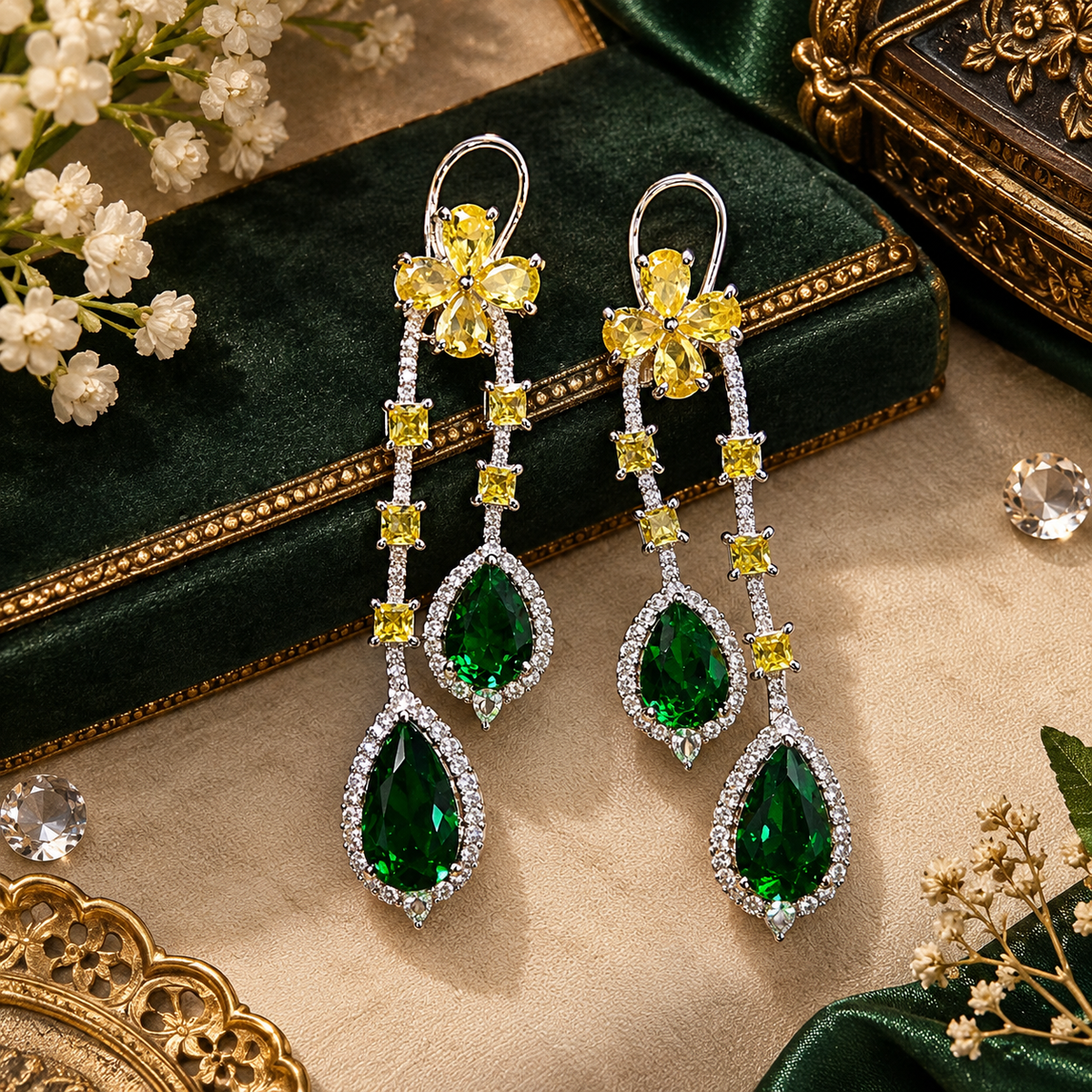 Designer green and yellow CZ chandelier earrings for women.