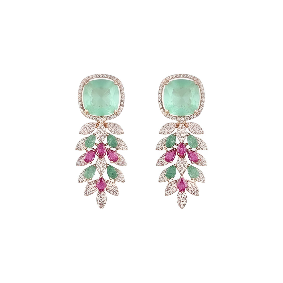 Rose gold American diamond leaf-vine necklace set with a mint-green square centre stone, ruby-pink accents and matching leaf-drop earrings on a grey display bust